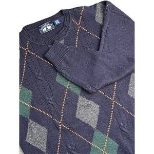 VTG 90s Woods & Gray Mens Navy Green Gray Cotton Blend Knit Pullover Sweater L